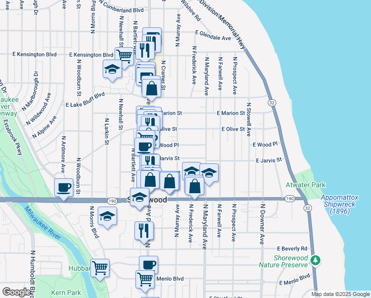map of restaurants, bars, coffee shops, grocery stores, and more near 4103 North Murray Avenue in Shorewood