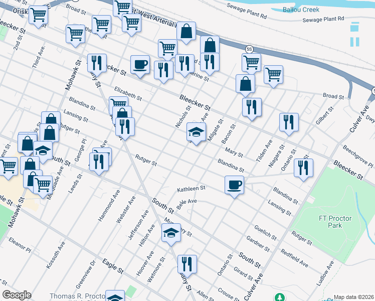 map of restaurants, bars, coffee shops, grocery stores, and more near 801 Jefferson Avenue in Utica