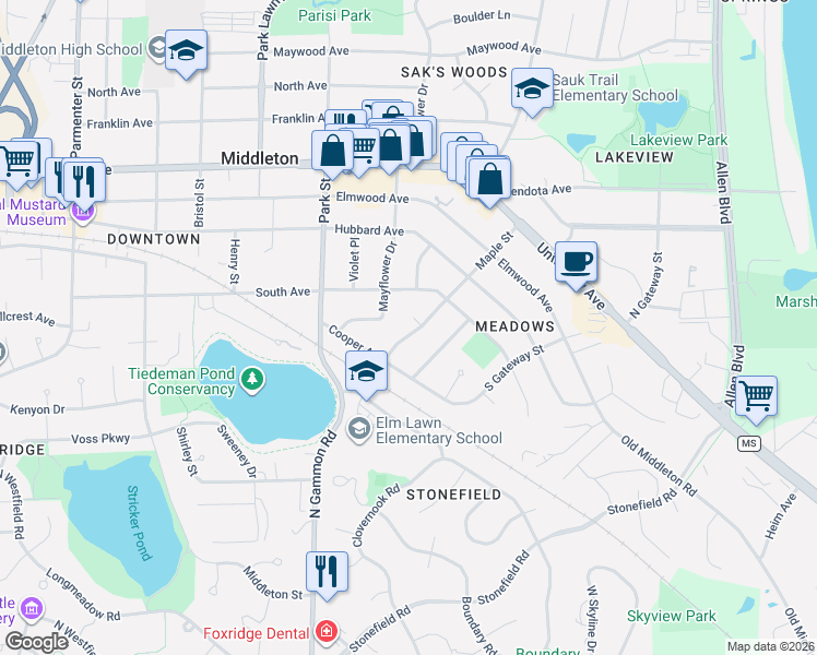 map of restaurants, bars, coffee shops, grocery stores, and more near 1610 Maple Street in Middleton