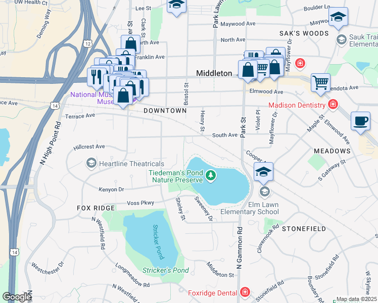 map of restaurants, bars, coffee shops, grocery stores, and more near 7203 Park Shores Court in Middleton