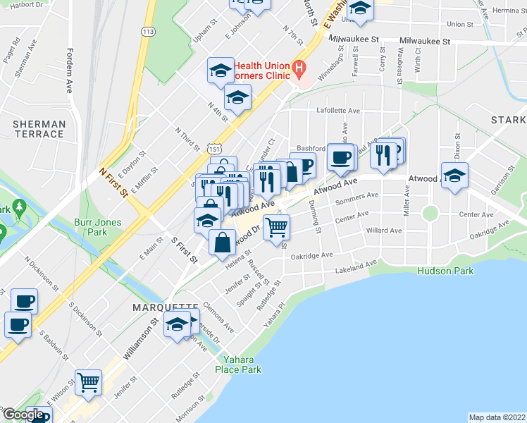 map of restaurants, bars, coffee shops, grocery stores, and more near 2087 Atwood Avenue in Madison