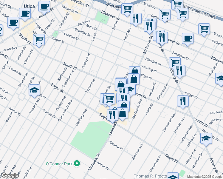 map of restaurants, bars, coffee shops, grocery stores, and more near 1109 Saint Vincent Street in Utica