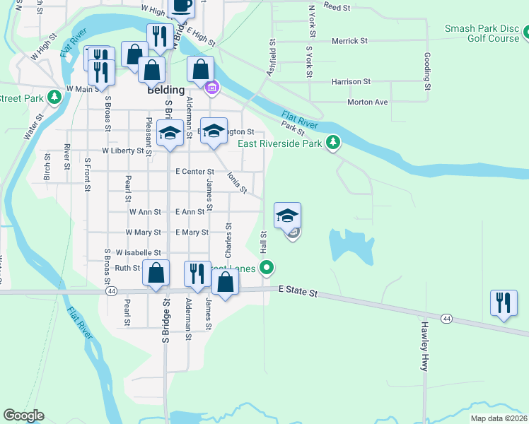 map of restaurants, bars, coffee shops, grocery stores, and more near 701 Hall Street in Belding
