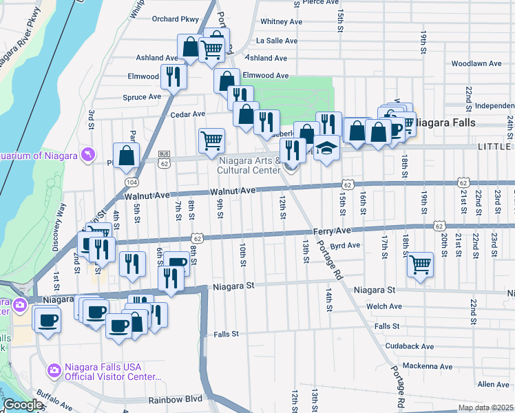 map of restaurants, bars, coffee shops, grocery stores, and more near 544 Memorial Parkway in Niagara Falls