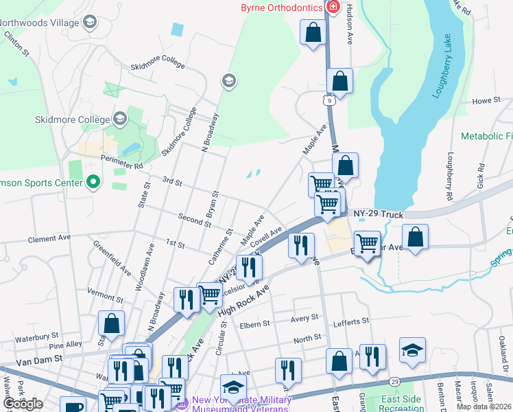 map of restaurants, bars, coffee shops, grocery stores, and more near 67 East Avenue in Saratoga Springs
