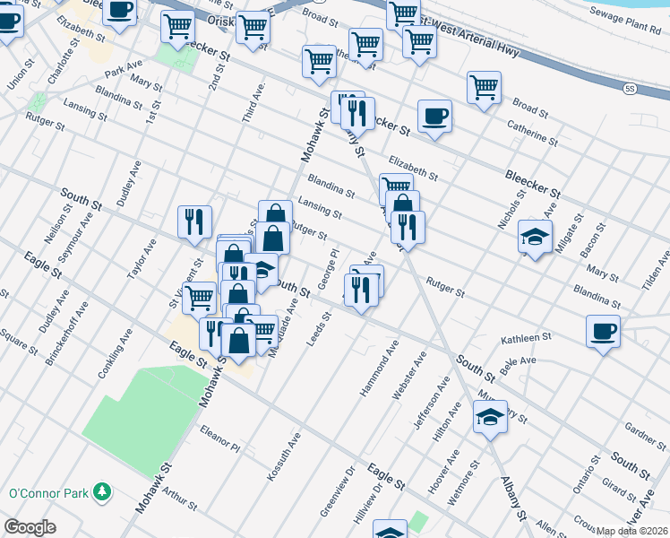 map of restaurants, bars, coffee shops, grocery stores, and more near 1015 George Place in Utica