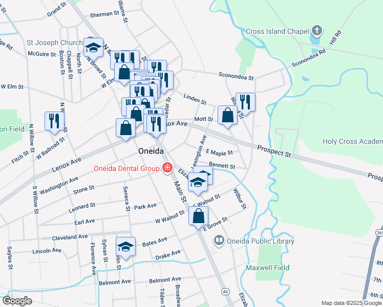 map of restaurants, bars, coffee shops, grocery stores, and more near 322 Lexington Avenue in Oneida