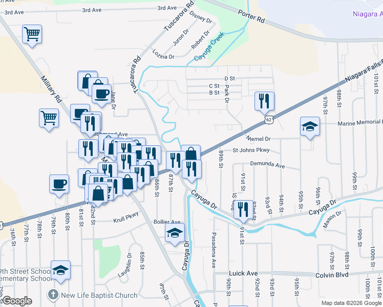 map of restaurants, bars, coffee shops, grocery stores, and more near 8701-8745 Niagara Falls Blvd in Niagara Falls