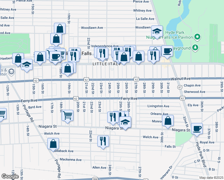 map of restaurants, bars, coffee shops, grocery stores, and more near 508 24th Street in Niagara Falls