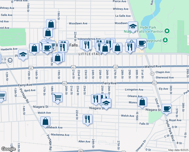 map of restaurants, bars, coffee shops, grocery stores, and more near 508 24th Street in Niagara Falls