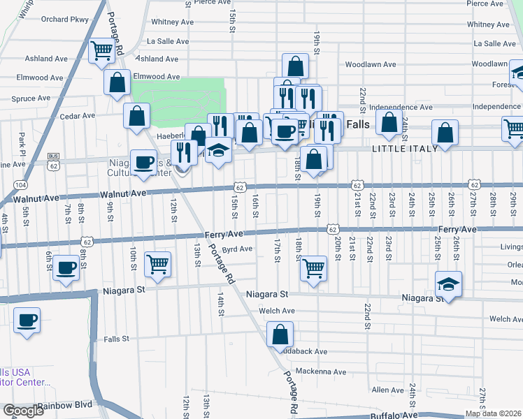map of restaurants, bars, coffee shops, grocery stores, and more near 521 16th Street in Niagara Falls