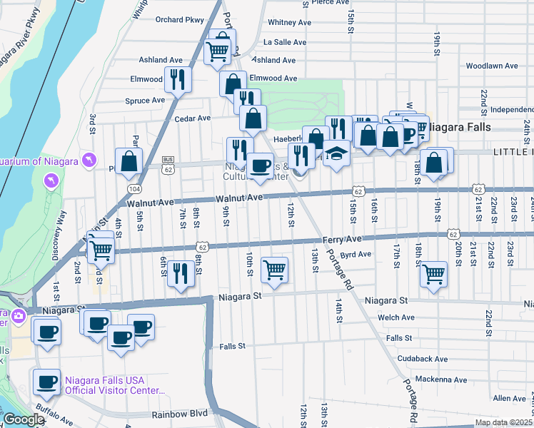 map of restaurants, bars, coffee shops, grocery stores, and more near 529 Memorial Parkway in Niagara Falls