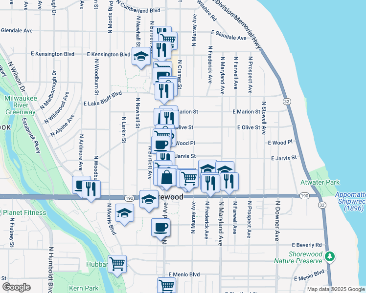map of restaurants, bars, coffee shops, grocery stores, and more near 1818 East Jarvis Street in Shorewood