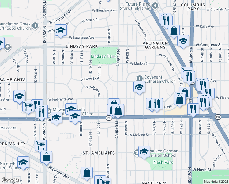 map of restaurants, bars, coffee shops, grocery stores, and more near 4108 North 85th Street in Milwaukee