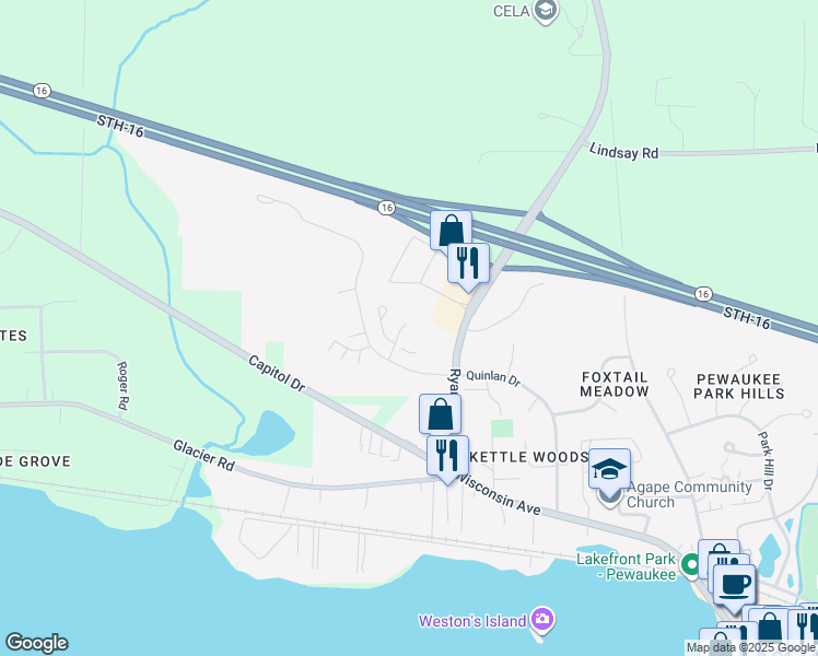 map of restaurants, bars, coffee shops, grocery stores, and more near 700 Quinlan Drive in Pewaukee