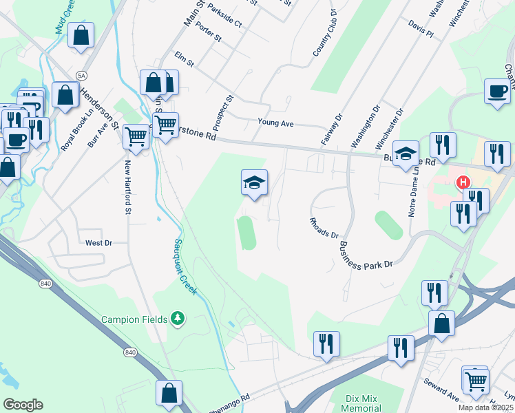 map of restaurants, bars, coffee shops, grocery stores, and more near 1 Marauder Boulevard in New York Mills