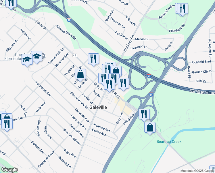 map of restaurants, bars, coffee shops, grocery stores, and more near Buckley Rd & 7th N St in Onondaga County