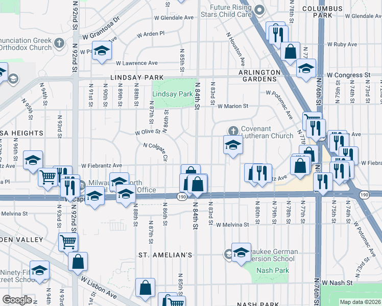 map of restaurants, bars, coffee shops, grocery stores, and more near 4108 North 85th Street in Milwaukee