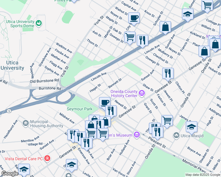 map of restaurants, bars, coffee shops, grocery stores, and more near 1649 Bennett Street in Utica