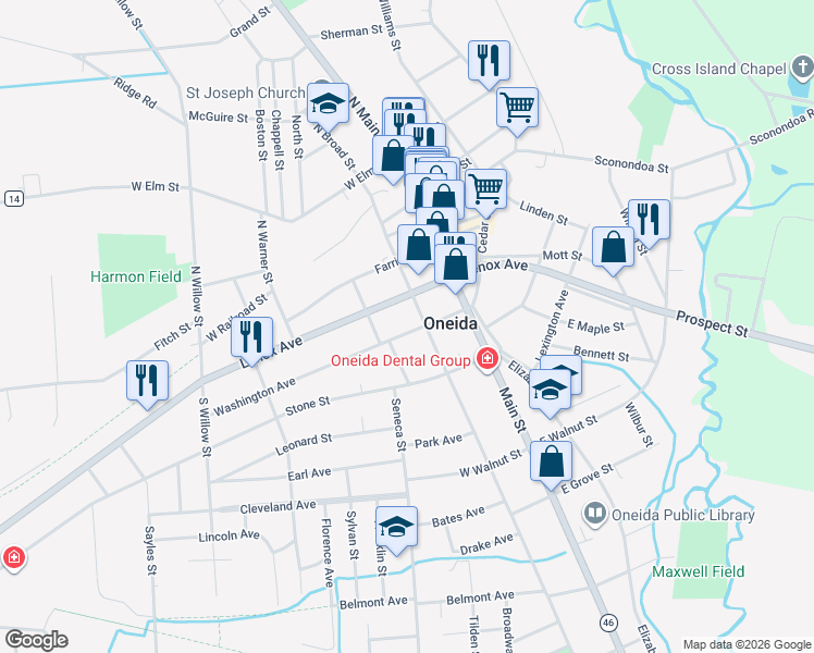 map of restaurants, bars, coffee shops, grocery stores, and more near 218 Broad Street in Oneida