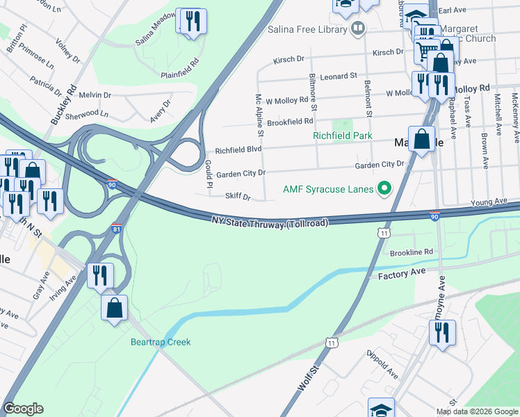 map of restaurants, bars, coffee shops, grocery stores, and more near 405 Skiff Drive in Syracuse