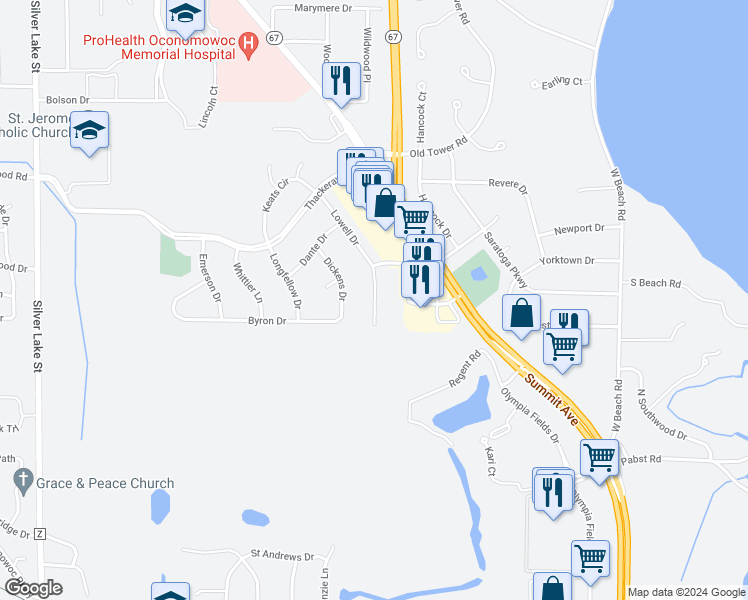 map of restaurants, bars, coffee shops, grocery stores, and more near 1156 Lowell Drive in Oconomowoc