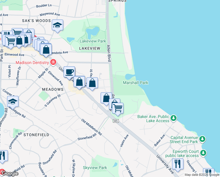 map of restaurants, bars, coffee shops, grocery stores, and more near 2080 Allen Boulevard in Middleton