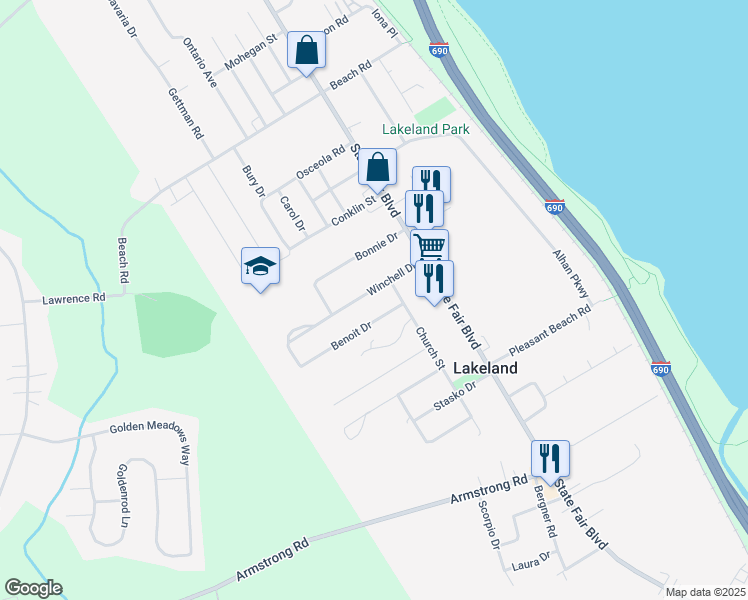 map of restaurants, bars, coffee shops, grocery stores, and more near 125 Benoit Drive in Syracuse