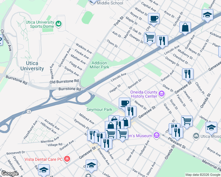 map of restaurants, bars, coffee shops, grocery stores, and more near 1669 Hager Street in Utica