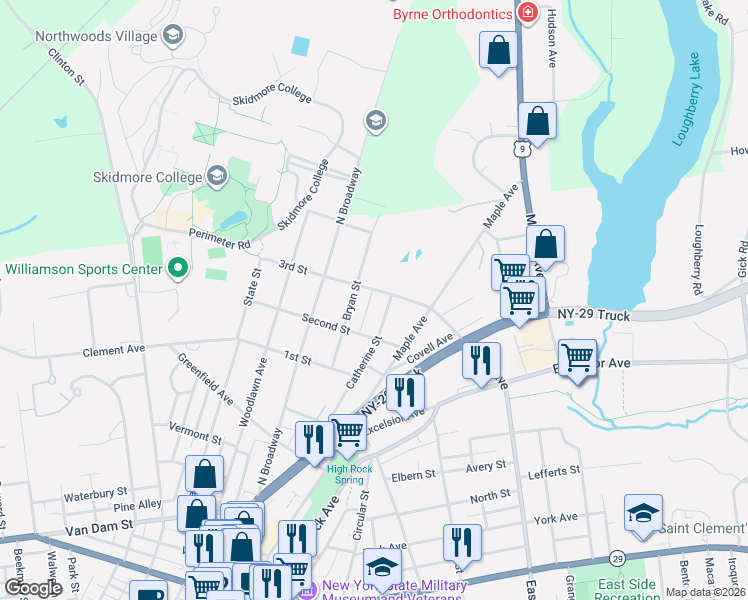 map of restaurants, bars, coffee shops, grocery stores, and more near 113 Catherine Street in Saratoga Springs
