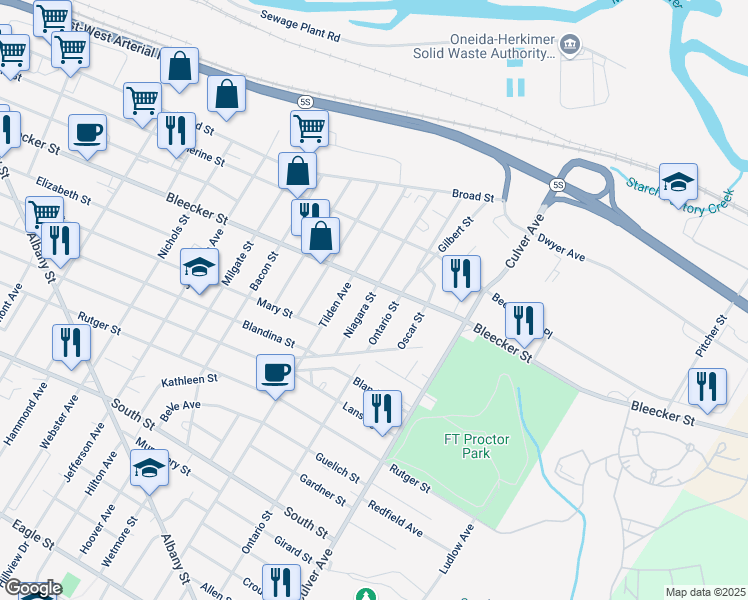map of restaurants, bars, coffee shops, grocery stores, and more near 511 Niagara Street in Utica