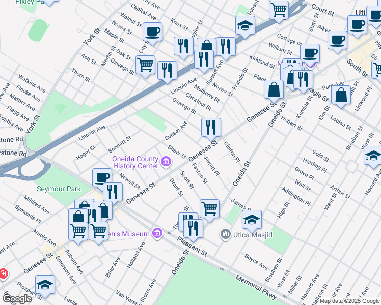 map of restaurants, bars, coffee shops, grocery stores, and more near in Utica