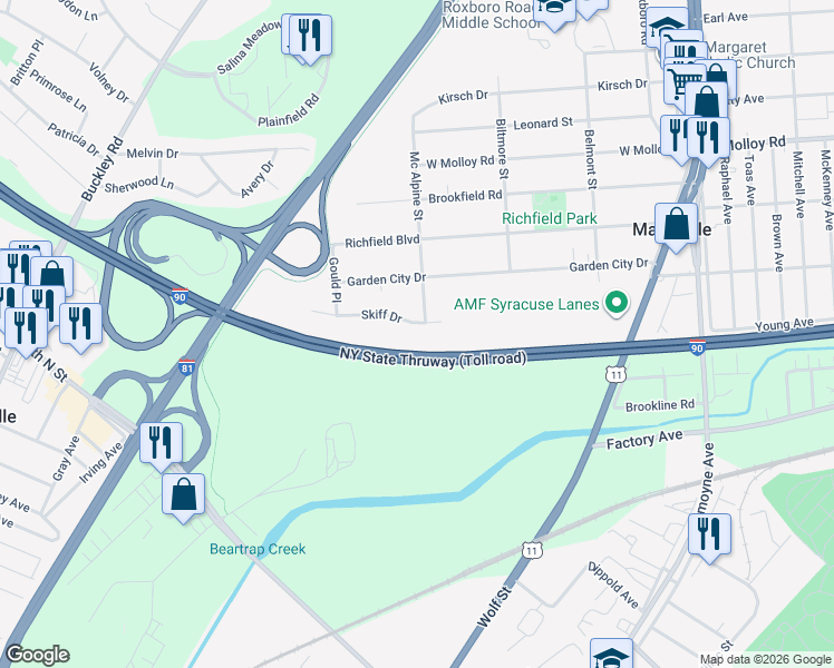 map of restaurants, bars, coffee shops, grocery stores, and more near 405 Skiff Drive in Syracuse