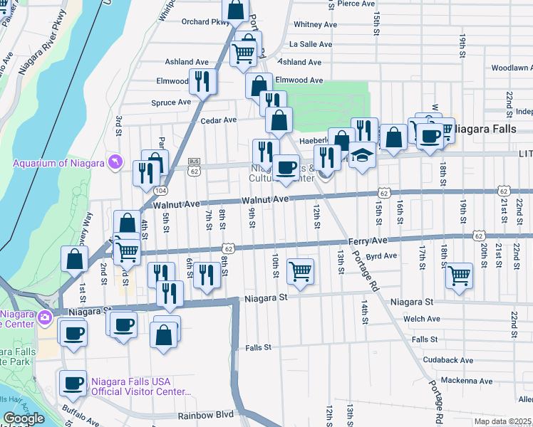 map of restaurants, bars, coffee shops, grocery stores, and more near 537 9th Street in Niagara Falls