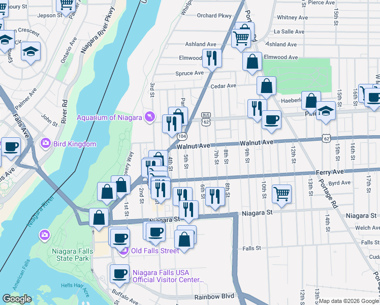 map of restaurants, bars, coffee shops, grocery stores, and more near 538 6th Street in Niagara Falls