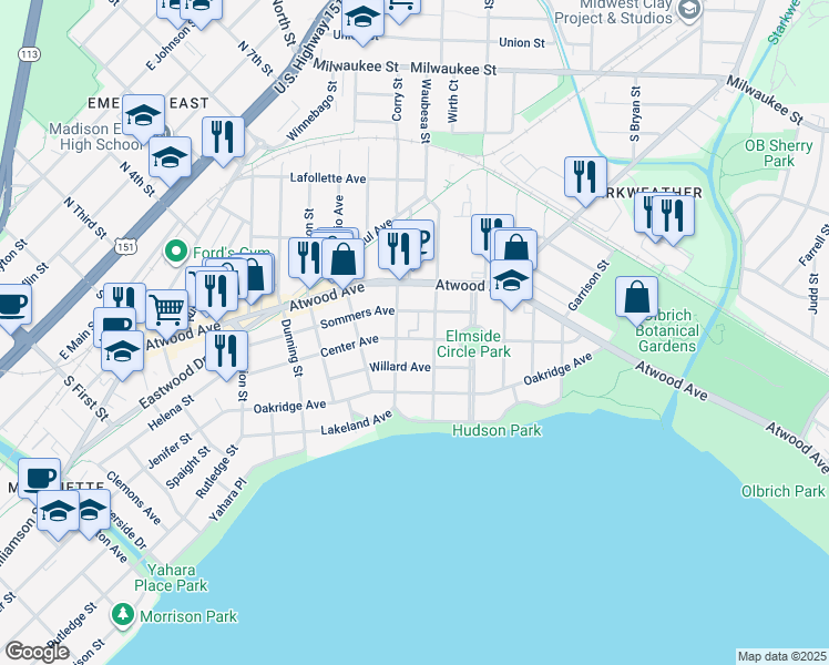 map of restaurants, bars, coffee shops, grocery stores, and more near 2713 Center Avenue in Madison