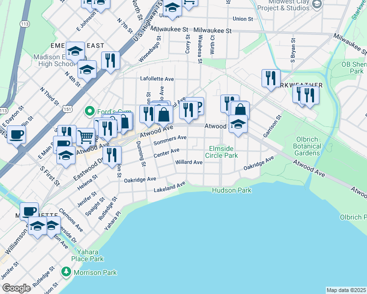 map of restaurants, bars, coffee shops, grocery stores, and more near 2405 Center Avenue in Madison