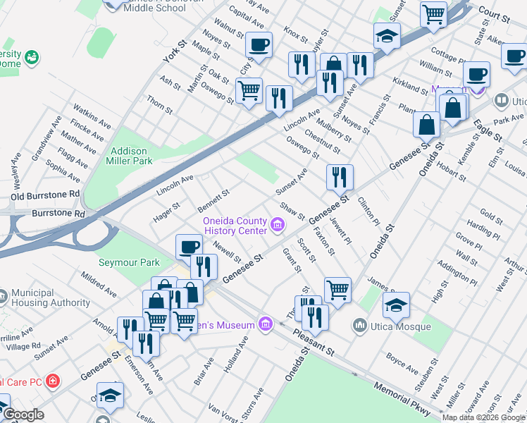 map of restaurants, bars, coffee shops, grocery stores, and more near 16 Springate Street in Utica