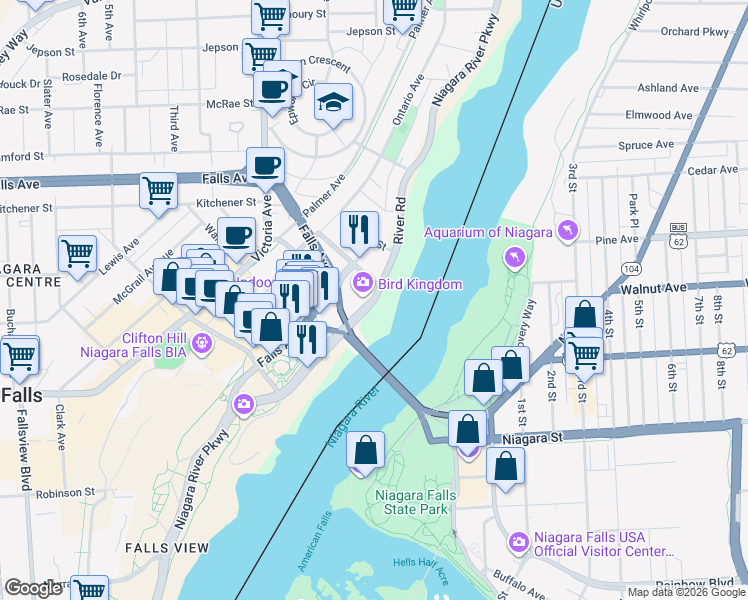 map of restaurants, bars, coffee shops, grocery stores, and more near 7208 Niagara Parkway in Niagara Falls