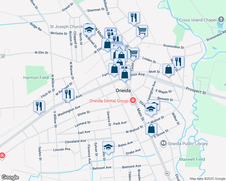 map of restaurants, bars, coffee shops, grocery stores, and more near 216 Broad St in Oneida