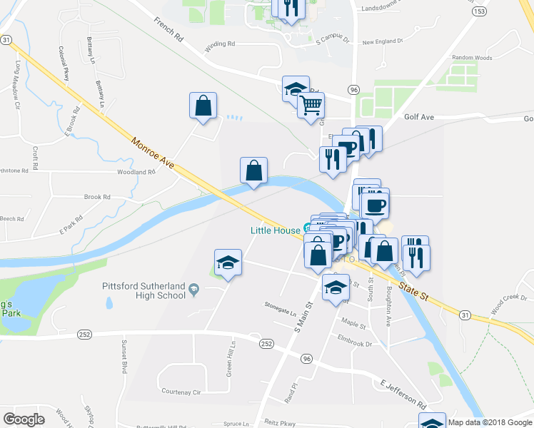 map of restaurants, bars, coffee shops, grocery stores, and more near 50 Monroe Avenue in Pittsford