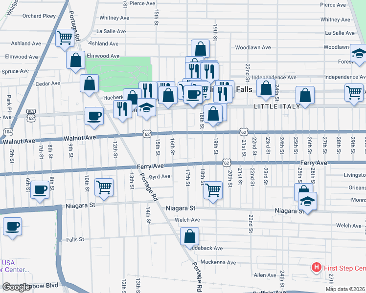 map of restaurants, bars, coffee shops, grocery stores, and more near 521 16th Street in Niagara Falls