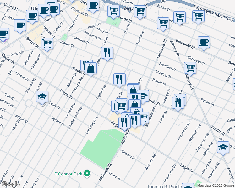 map of restaurants, bars, coffee shops, grocery stores, and more near 1122 Saint Vincent Street in Utica