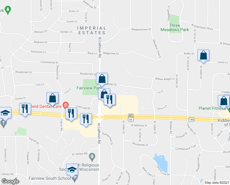 map of restaurants, bars, coffee shops, grocery stores, and more near 17035 Eldorado Drive in Brookfield