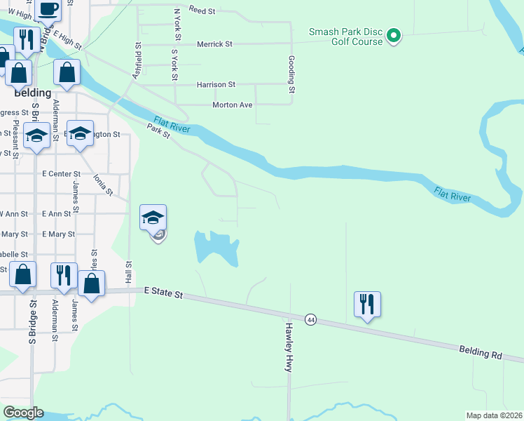 map of restaurants, bars, coffee shops, grocery stores, and more near 632 Edgewood Street in Belding