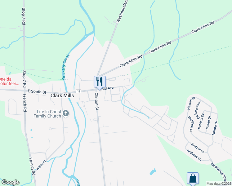 map of restaurants, bars, coffee shops, grocery stores, and more near 9 Middle Street in Clark Mills