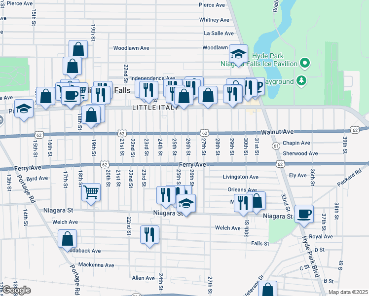 map of restaurants, bars, coffee shops, grocery stores, and more near 515 26th Street in Niagara Falls