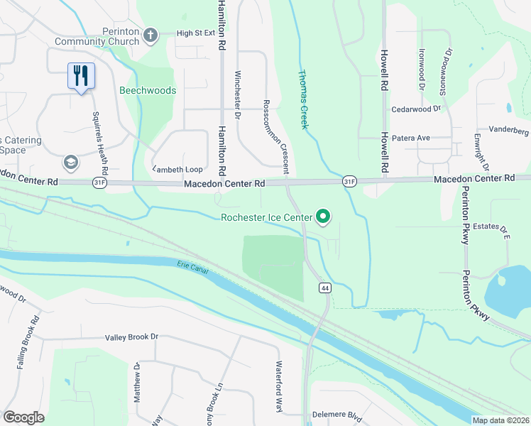 map of restaurants, bars, coffee shops, grocery stores, and more near 767 Macedon Center Road in Fairport