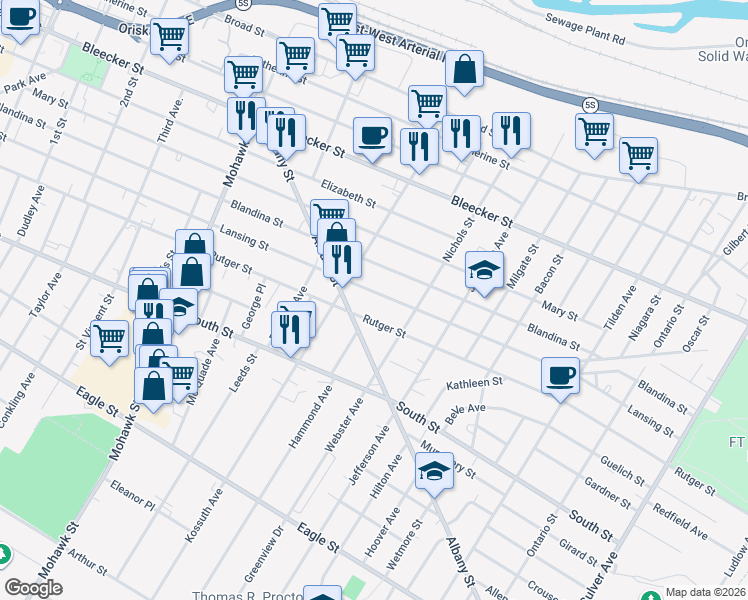 map of restaurants, bars, coffee shops, grocery stores, and more near 914 Lansing Street in Utica