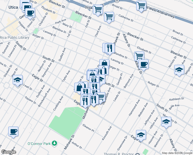 map of restaurants, bars, coffee shops, grocery stores, and more near 1154 Mohawk Street in Utica